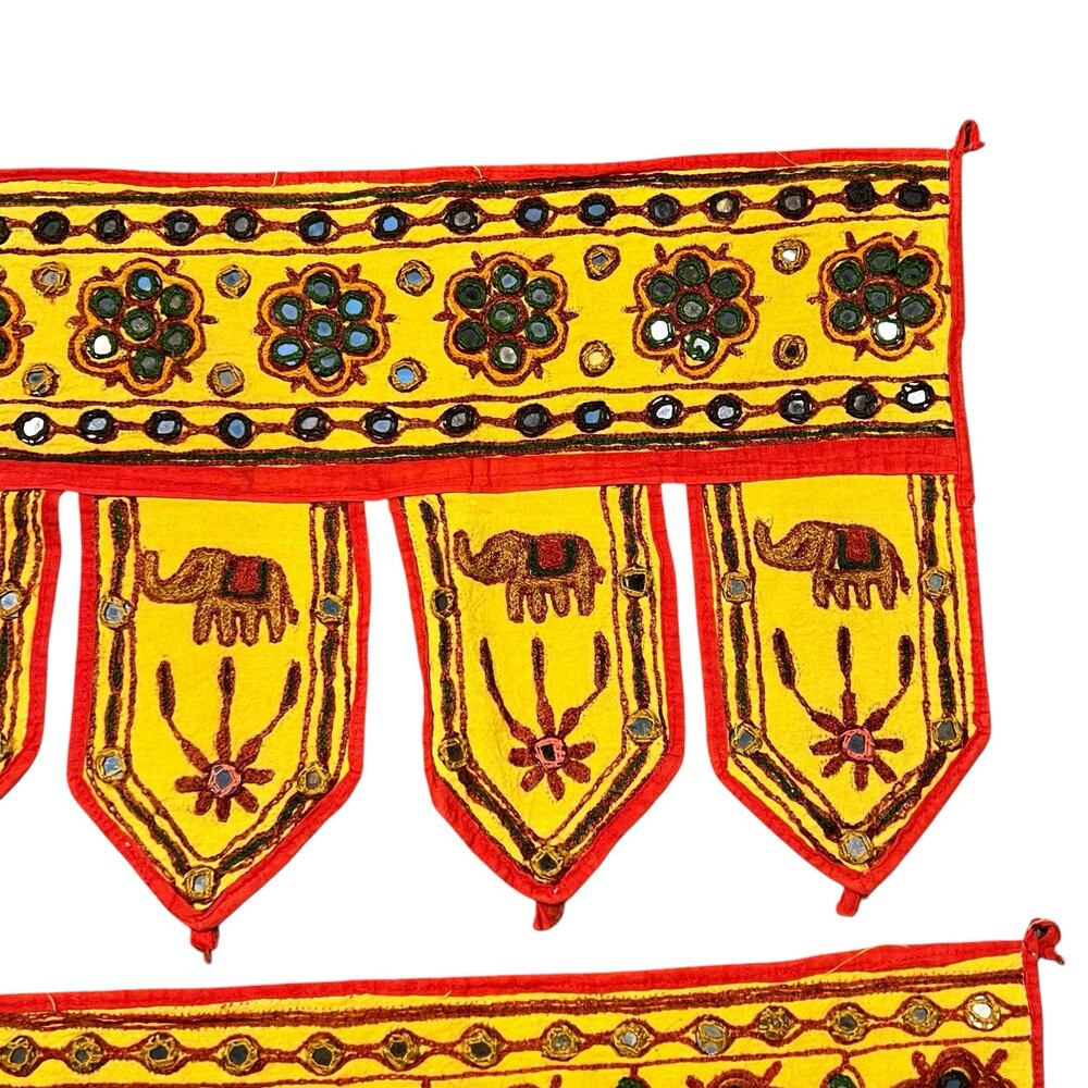 Vintage Rajasthani Elephant Embroidered Mirror Tile Door Hangings Window Valance - Picture 4 of 8